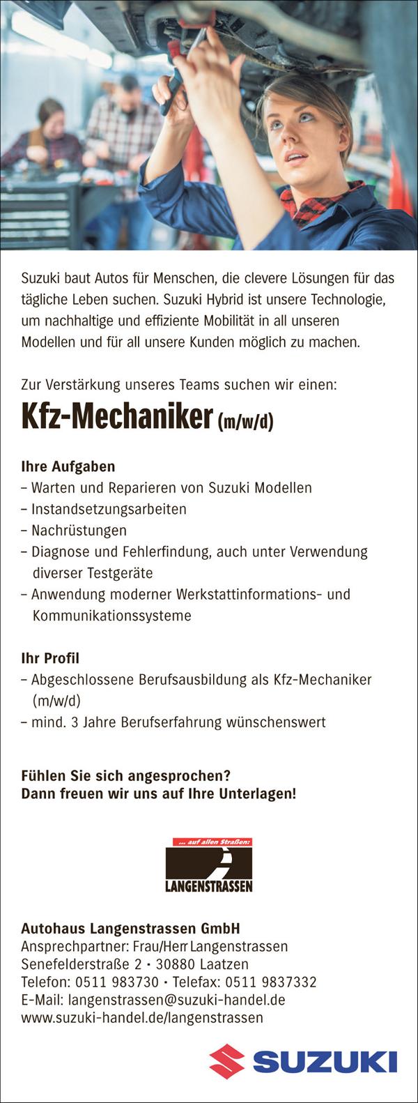 Stellenanzeige Langenstrassen Suzuki Kfz-Mechaniker (m/w/d )