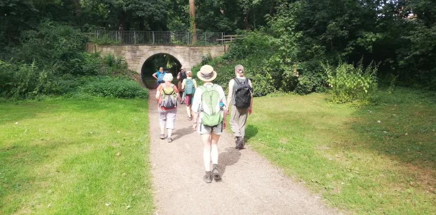 eine kleine Pilgergruppe, die auf einem gepflegten Weg wandert.